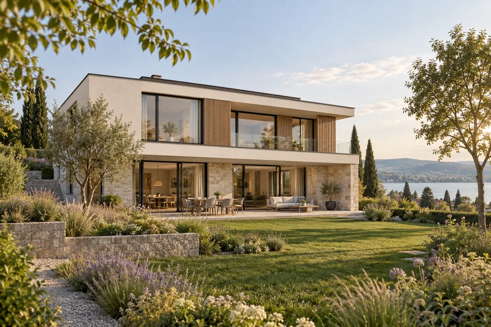 Architekturvisualisierung eines modernen Wohnhauses mit natürlichen Materialien und großzügigen Fenstern